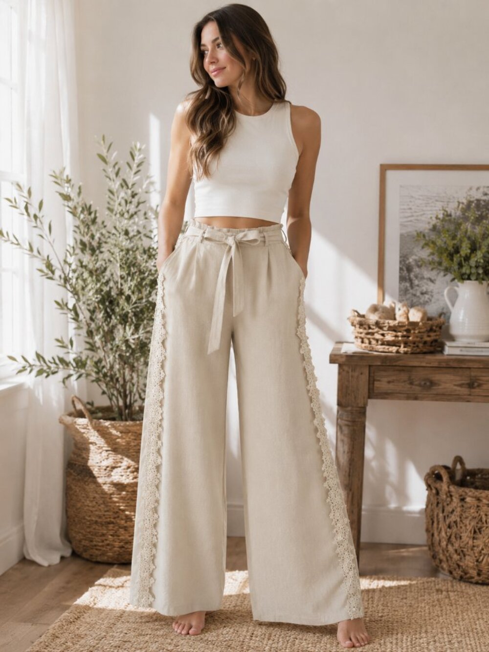 Alice Blue Boho Lace Trim Wide Leg Pants – Size S